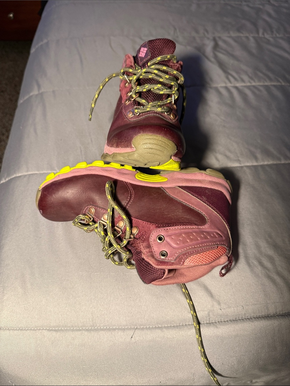 Columbia Kids Burgundy and Pink Hiking Boots with Neon Yellow Outsole